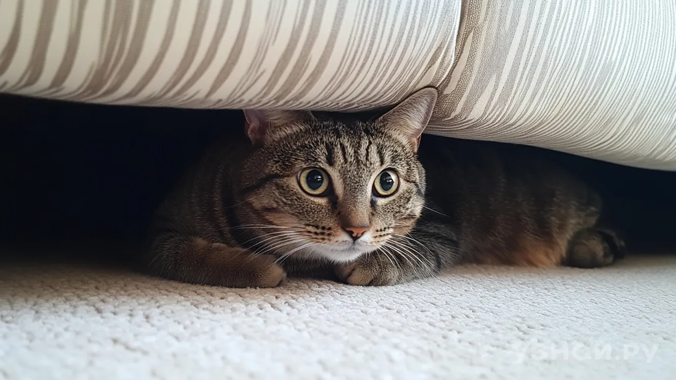 Кошка прячется под диваном