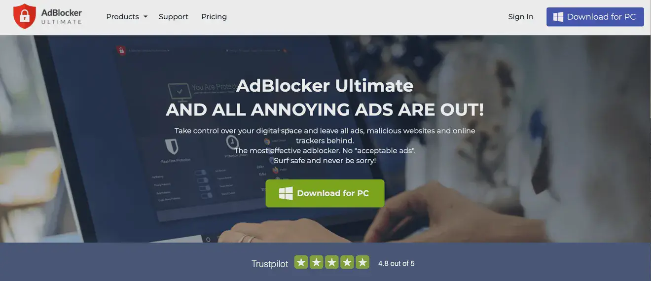 Скриншот сайта блокировщика рекламы AdBlocker Ultimate