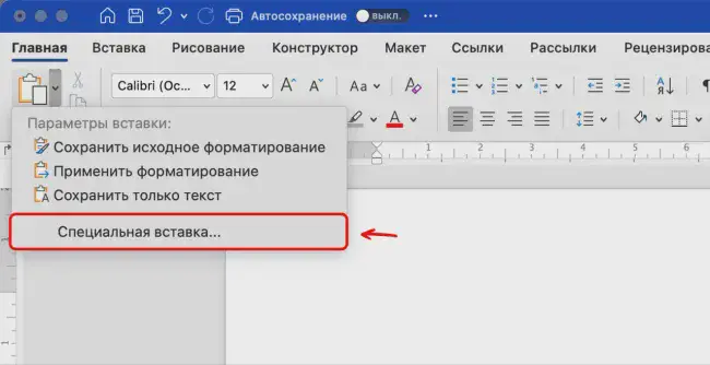 Удаление фона текста в Word через «Специальную вставку»