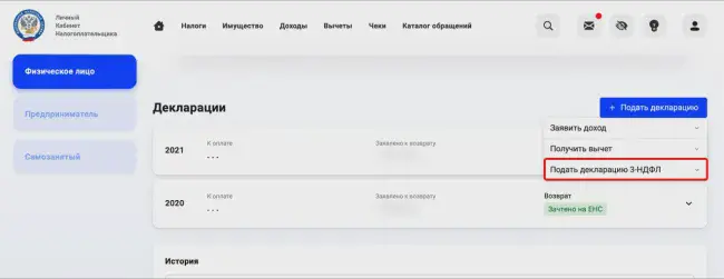 Скриншот личного кабинета на сайте ФНС